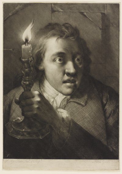Junger Mann, der eine Kerze hält (Mezzotinto auf Papier) von Thomas Frye